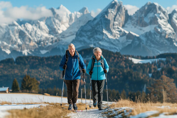 Obraz premium Senior pensioner couple with nordic walking poles hiking in the mountains