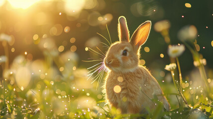 Fototapeta na wymiar Cute little bunny in grass with ears up looking away