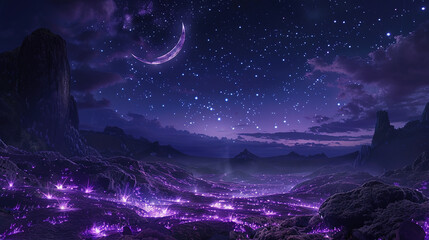 Fantasy Landscape with Glowing Moon and Stars