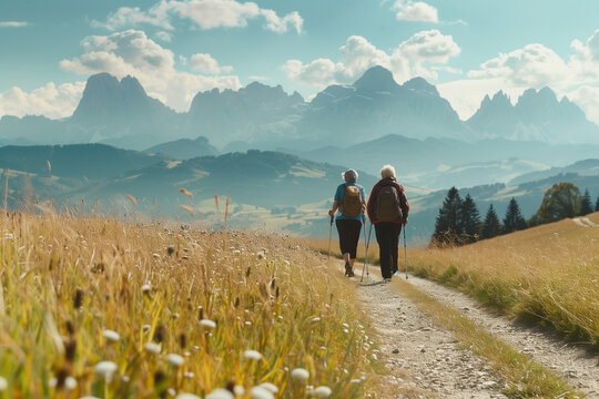 Senior pensioner couple with nordic walking poles hiking in the mountains