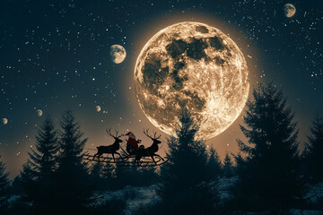 Obraz na płótnie Canvas Silhouette Santa Claus Rides Reindeer At Night