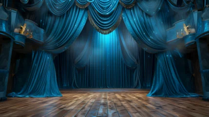 Foto op Canvas Bright blue stage curtains theater drapes and wooden stage floor background, perfect for theatrical or performance concepts, Generative Ai   © Dzynee