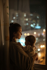 Mother hugging and carrying her baby. She is tired and trying to put baby to sleep and have a postpartum depression