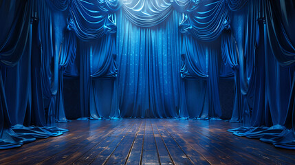 Bright blue stage curtains theater drapes and wooden stage floor background, perfect for theatrical or performance concepts, Generative Ai

