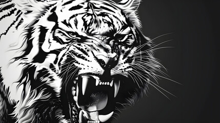Obraz premium Close-up of the head of an aggressive tiger ready to attack. Wild animal in monochrome style.