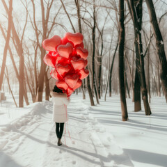 woman in white coat holding huge bunch of balloons in the park