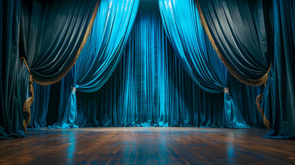 Bright blue stage curtains theater drapes and wooden stage floor background, perfect for theatrical or performance concepts, Generative Ai

 - obrazy, fototapety, plakaty