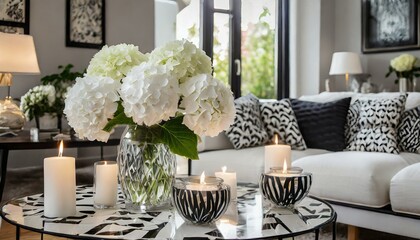 white hydrangea in elegant living room light and bright