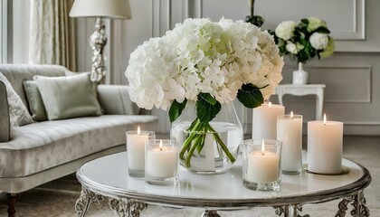 Fototapeta na wymiar white hydrangea in elegant living room light and bright