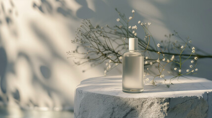Minimal Composition of Serum, Facial Lotion Glass Bottle on Round Stone Podium. Natural Cosmetic Skincare Product Mockup. Soft Sunlight and Shadow on White Wall with Mini White Flowers. 