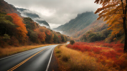 road in the mountains, the road through the forest in autumn