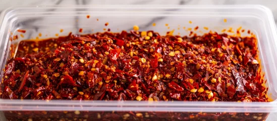Gordijnen Fresh red hot chili peppers in a rustic wooden container, vibrant and spicy ingredients for cooking and seasoning dishes © AkuAku