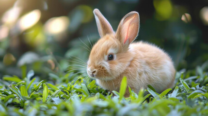 Cute little bunny in grass with ears up looking away