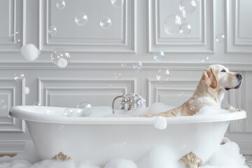 Labrador Retriever in white luxury bathtub