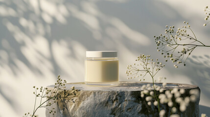 Minimal Composition of Facial Cream Jar on Round Stone Podium. Small Round Cream, Lotion Container. Natural Cosmetic Skincare Product Mockup. Sunlight and Shadow on White Wall with Mini White Flowers.