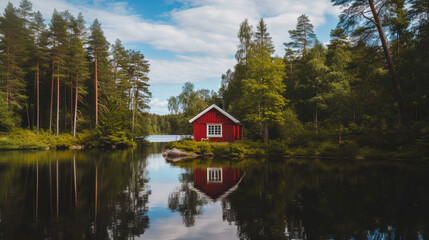 Fototapeta premium Cozy wooden cabin by the shore of a forest lake with a boat.