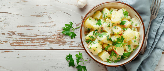 Delicious potato salad with onion, mayonnaise. Traditional food. Panorama - obrazy, fototapety, plakaty