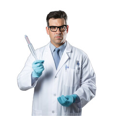 A male doctor in a white lab coat and blue gloves is holding two syringes filled with liquid.