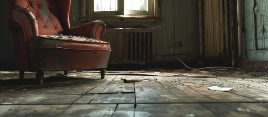 A vintage red chair in a dimly lit room with a shattered window, abandoned interior design concept