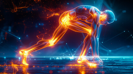 Running pose male body gastrocnemius muscles anatomy system illustration - obrazy, fototapety, plakaty