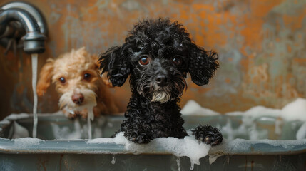 Poodle grooming in a bath