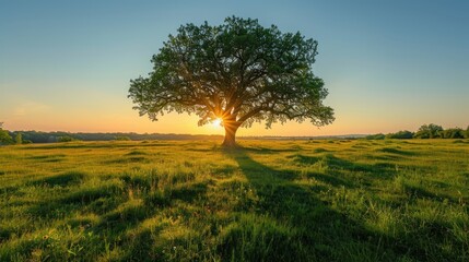a panoramic vibrant rural landscape with clear blue sky before sunset tree on a green meadow