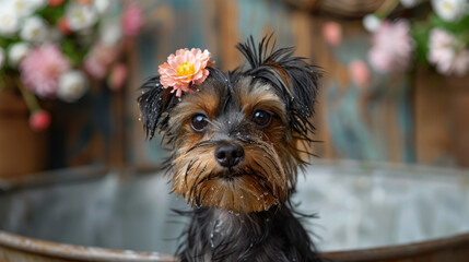 Yorkshire Terrier grooming in a bath