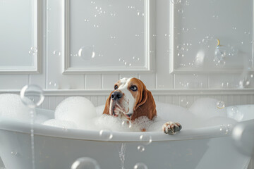 Beagle in white luxury bathtub