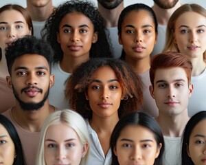 Obraz premium Group of young adults with diverse ethnic backgrounds, focused on a beautiful young woman in the foreground