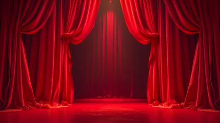 Fotobehang Realistic theater red dramatic curtains with spotlight on stage, perfect for theatrical or entertainment concepts, Generative Ai   © Dzynee