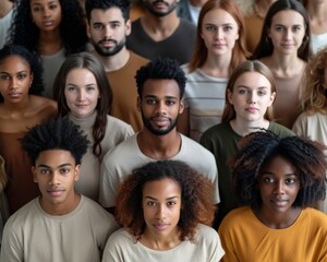 A group of diverse young people with various hairstyles and colors looking directly at the camera