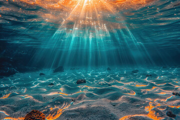 Depth of sea water, the bottom of the sea, the rays of the sun through the water, the underwater world, the background - obrazy, fototapety, plakaty