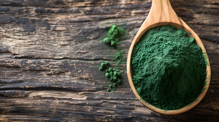 Organic spirulina algae powder in a wooden spoon on a white background, healthy superfood supplement concept, Generative Ai

 - obrazy, fototapety, plakaty
