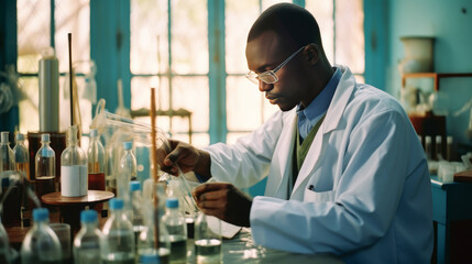 A dark-skinned African American doctor in his office and a modern medical laboratory where people are undergoing examination of their health.