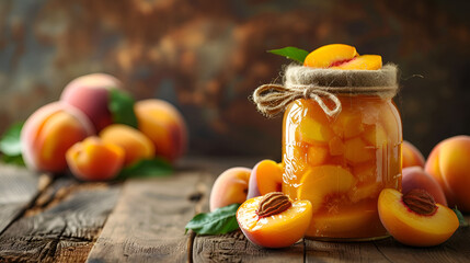 Canned peaches in jar with fresh peach, delicious fruit preservation concept, Generative Ai

