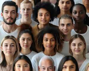 Portrait of a diverse group of individuals all wearing white shirts, looking at the camera with a young woman in the foreground