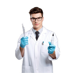 Fototapeta premium A male doctor in a white lab coat and blue gloves is holding two syringes filled with liquid.