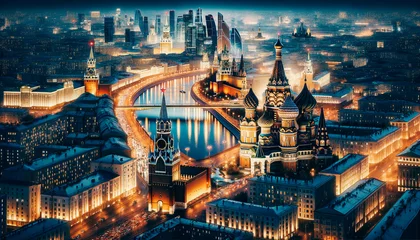 Photo sur Aluminium Moscou Twilight descends over Moscow, casting the city's landmarks and the Moskva River in a luminous glow