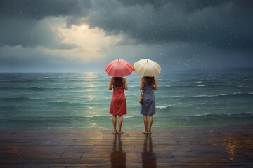 Two girls stood on the platform and looked at the sea with umbrellas on a rainy day.
