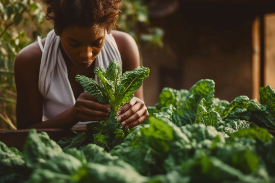 African American woman examining spinich leaves in her organic garden