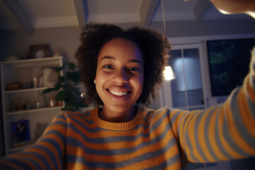 african american woman taking selfie at home at night, looking at camera cheerfully - obrazy, fototapety, plakaty