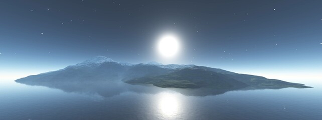Island in the ocean under the moon, island with snowy peaks at night, 3D rendering
