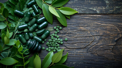 Capsules with green leaves on wooden table, natural background for health or herbal concepts, Generative Ai

