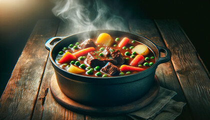 Beef stew with carrots, peas, potatoes, and herbs in a bowl on a rustic wooden table.