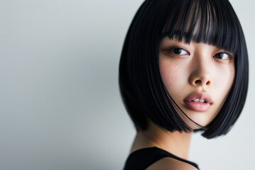 黒髪ボブの髪の綺麗な日本人女性（縮毛矯正・ストレート・ボブヘア）	