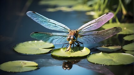 A shimmering dragonfly with iridescent wings, perched delicately on a lily pad in a tranquil pond. - obrazy, fototapety, plakaty