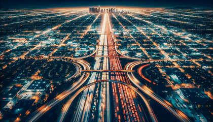 Nighttime aerial view of a city's illuminated streets with a central flowing freeway - obrazy, fototapety, plakaty