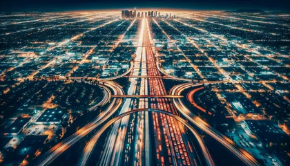 Fotobehang Nighttime aerial view of a city's illuminated streets with a central flowing freeway © Hanna Tor
