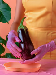 A person in a yellow dress and purple gloves holding a fresh eggplant over a pink table