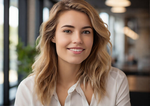 Smiling young businesswoman  portrait shot, businesswoman looking away with pensive face, dreaming, thinking over project tasks, future lifestyle. Generative AI